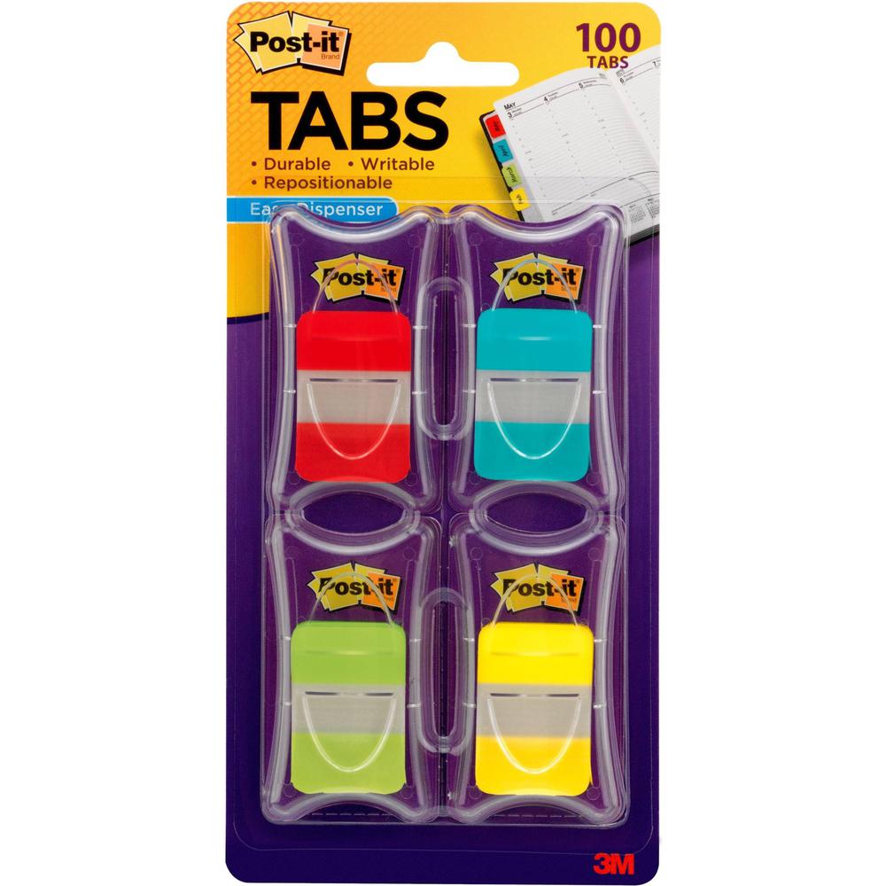 Post-it&reg; Tabs - 100 Write-on Tab(s) - 1" Tab Height x 1.50" Tab Width - Red, Blue, Green, Yellow Tab(s) - Tear Resistant, Wear Resistant, Repositionable, Durable - 100 / Pack. Picture 1