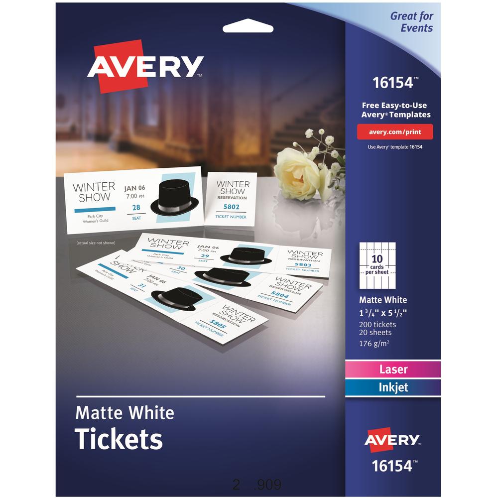 Avery&reg; Event Tickets with Tear-Away Stubs for Laser and Inkjet Printers, 1¾" x 5½" - 1 3/4" Width x 5 1/2" Length - Laser, Inkjet - Matte White - 20 / Sheet - 200 / Pack. Picture 1