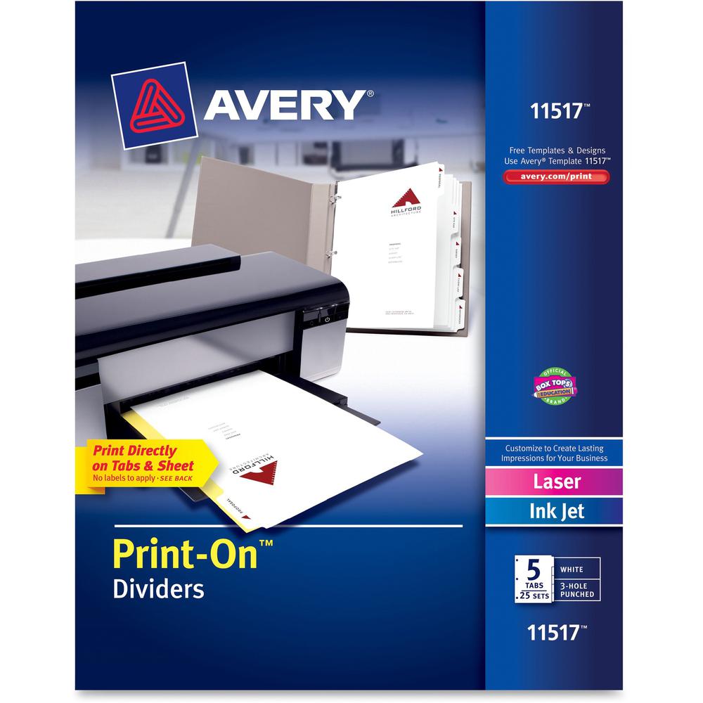 Avery&reg; Customizable Print-On Dividers - 125 x Divider(s) - Print-on Tab(s) - 5 - 5 Tab(s)/Set - 8.5" Divider Width x 11" Divider Length - 3 Hole Punched - White Paper Divider - White Paper Tab(s) . The main picture.