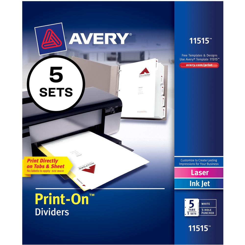 Avery&reg; Customizable Print-On Dividers - 25 x Divider(s) - Print-on Tab(s) - 5 - 5 Tab(s)/Set - 8.5" Divider Width x 11" Divider Length - 3 Hole Punched - White Paper Divider - White Paper Tab(s) -. The main picture.