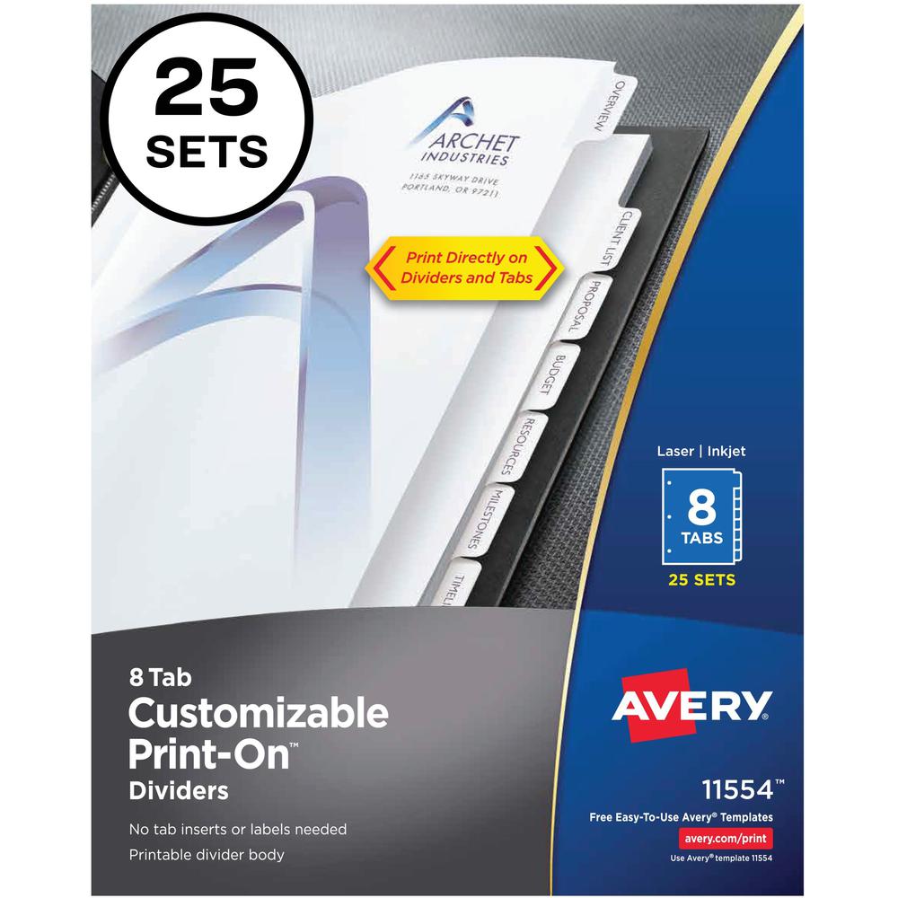 Avery&reg; Customizable Print-On Dividers - 200 x Divider(s) - 8 Print-on Tab(s) - 8 - 8 Tab(s)/Set - 8.5" Divider Width x 11" Divider Length - 3 Hole Punched - White Paper Divider - White Paper Tab(s. Picture 1