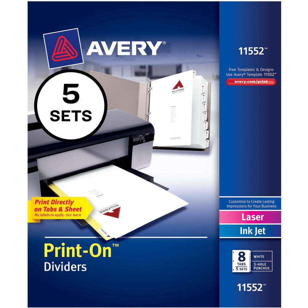 Avery&reg; Customizable Print-On Dividers - 40 x Divider(s) - Print-on Tab(s) - 8 - 8 Tab(s)/Set - 8.5" Divider Width x 11" Divider Length - 3 Hole Punched - White Paper Divider - White Paper Tab(s) -. Picture 1