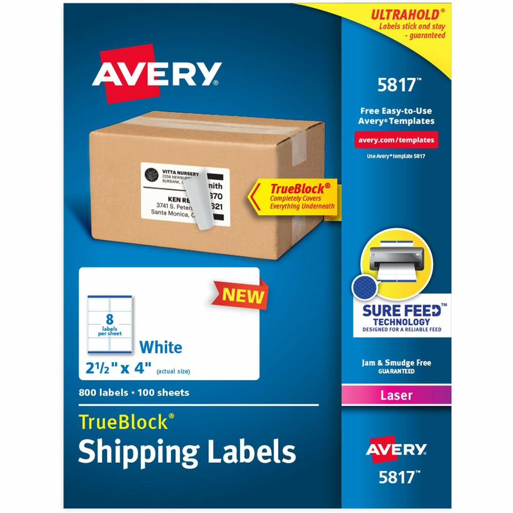 Avery&reg; Printable Shipping Labels, 2.5" x 4" , 800 Labels (5817) - 2 1/2" Width x 4" Length - Permanent Adhesive - Rectangle - Laser - White - Paper - 8 / Sheet - 100 Total Sheets - 800 Total Label. Picture 1