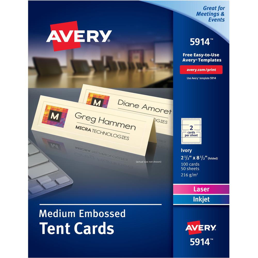 Avery&reg; Sure Feed Embossed Tent Cards - 79 Brightness - 2 1/2" x 8 1/2" - Embossed - 1 / Pack - FSC Mix - Rounded Corner, Heavyweight - Ivory. Picture 1