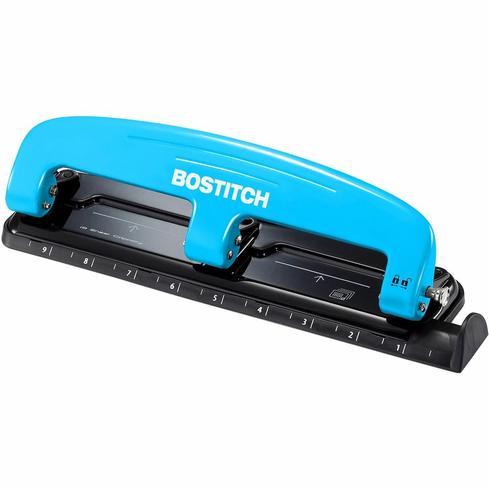 Bostitch EZ Squeeze&trade; 12 Three-Hole Punch - 3 Punch Head(s) - 12 Sheet - 9/32" Punch Size - Round Shape - 3" x 1.6" - Blue, Black. Picture 1