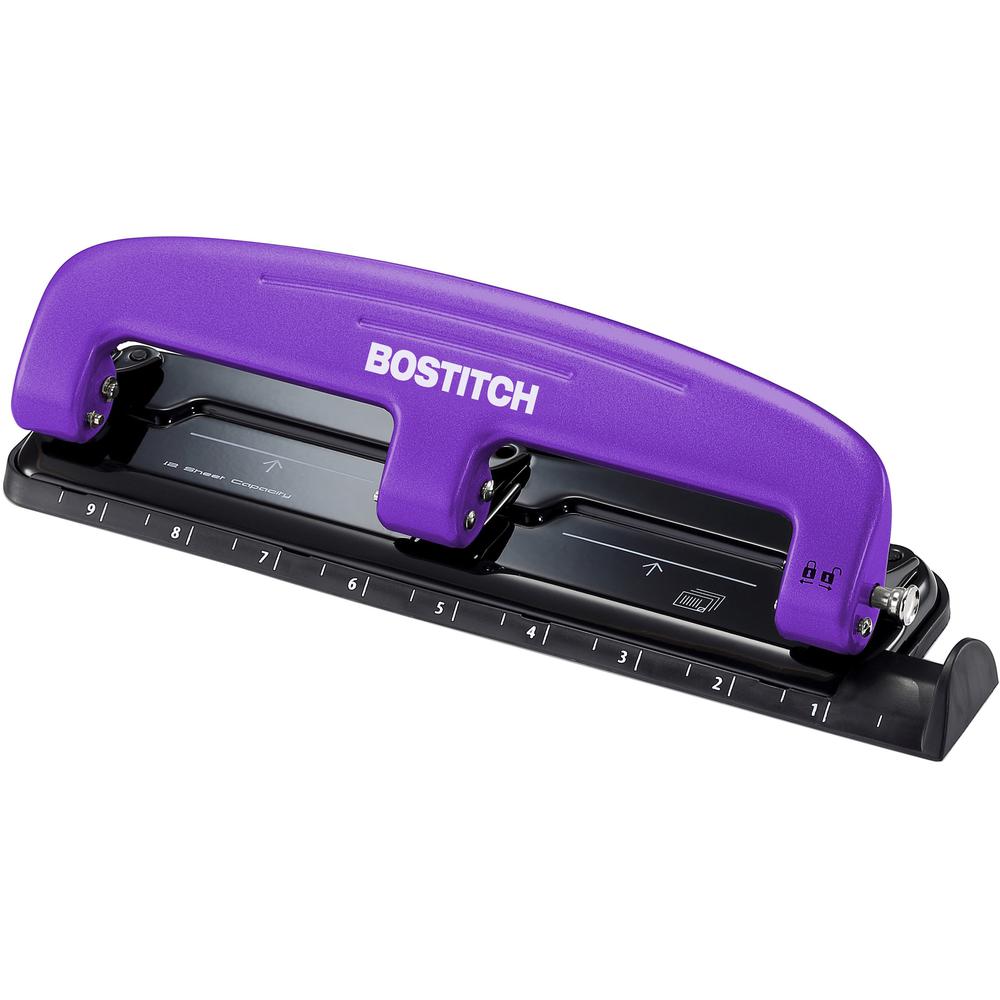 Bostitch EZ Squeeze&trade; 12 Three-Hole Punch - 3 Punch Head(s) - 12 Sheet - 9/32" Punch Size - 3" x 1.6" - Purple, Black. Picture 1