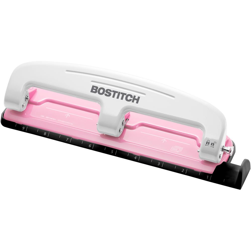 Bostitch EZ Squeeze&trade; InCourage 12 Three-Hole Punch - 3 Punch Head(s) - 12 Sheet - 9/32" Punch Size - Round Shape - 3" x 1.6" - Pink, White. Picture 1