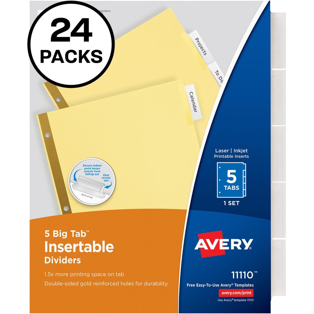 Avery&reg; Big Tab Insertable Dividers - 120 x Divider(s) - 5 Tab(s) - 5 - 5 Tab(s)/Set - 8.5" Divider Width x 11" Divider Length - Letter - 3 Hole Punched - Buff Paper Divider - Clear Plastic Tab(s) . Picture 1