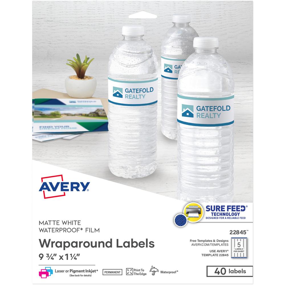 Avery&reg; Durable Waterproof Labels, 1.25" x 9.75" , 40 Total - Waterproof - 9 3/4" Width x 1 1/4" Length - Permanent Adhesive - Rectangle - Laser, Inkjet - White - Film - 5 / Sheet - 8 Total Sheets . Picture 1