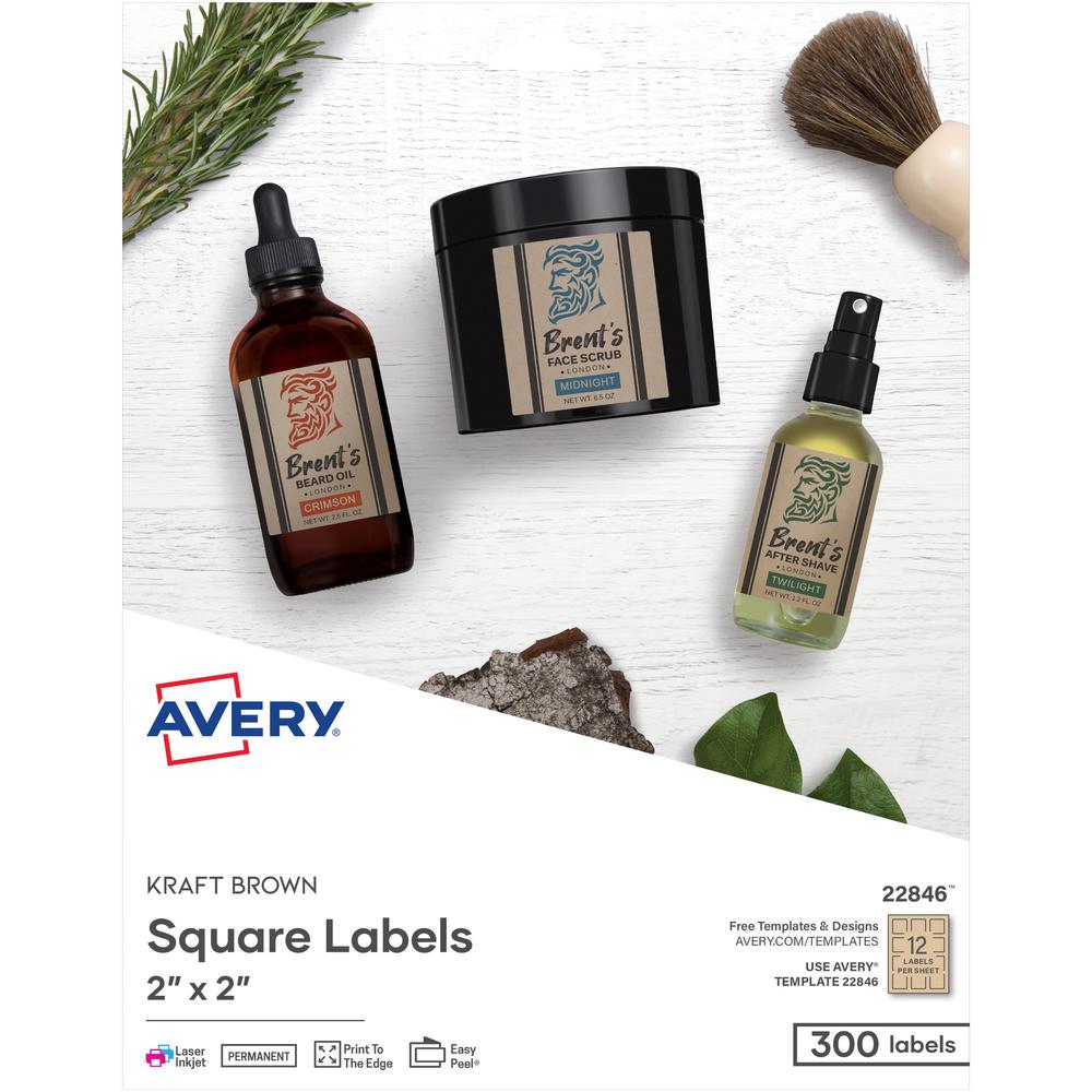Avery&reg; Promotional Label - 2" Width x 2" Length - Permanent Adhesive - Square - Laser, Inkjet - Kraft Brown - Paper - 12 / Sheet - 25 Total Sheets - 300 Total Label(s) - 300 / Pack. Picture 1