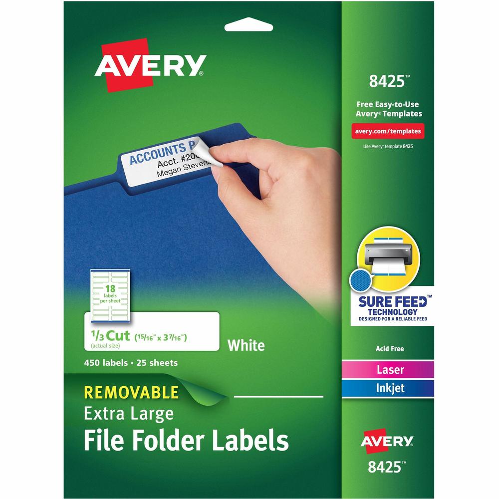 Avery&reg; Extra-large TrueBlock Filing Labels - Removable Adhesive - Rectangle - Laser, Inkjet - White - Paper - 18 / Sheet - 25 Total Sheets - 450 Total Label(s) - 450 / Pack. Picture 1