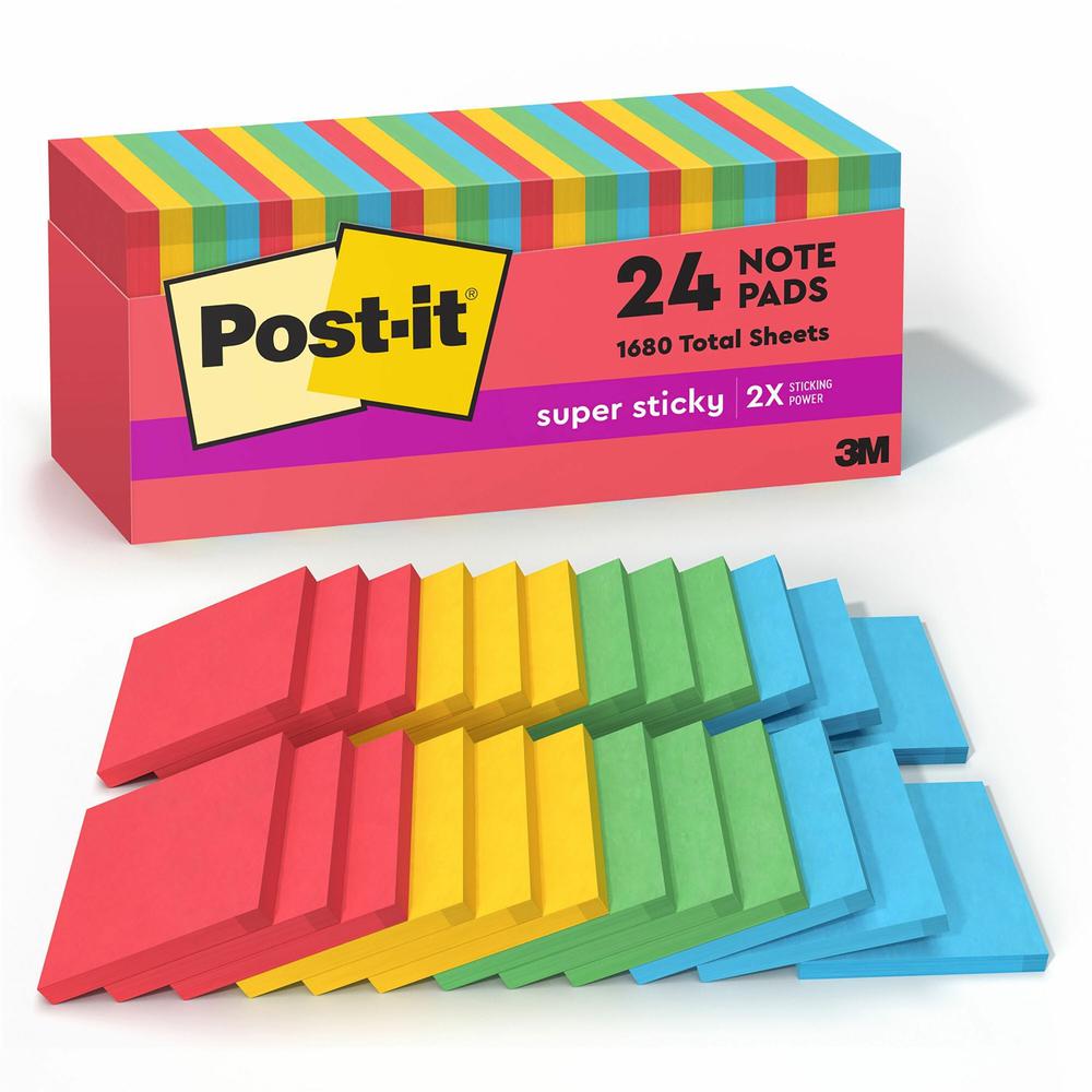 Post-it&reg; Super Sticky Notes Cabinet Pack - Playful Primaries Color Collection - 1680 x Electric Glow Assorted - 3" x 3" - Square - 70 Sheets per Pad - Unruled - Candy Apple Red, Sunnyside, Lucky G. Picture 1