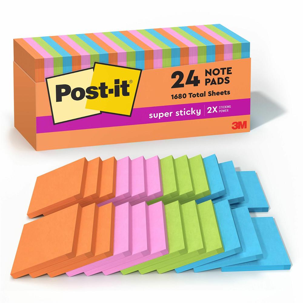 Post-it&reg; Super Sticky Notes Cabinet Pack - Rio de Janeiro Color Collection - 1680 - 3" x 3" - Square - 70 Sheets per Pad - Unruled - Assorted - Paper - Self-adhesive, Repositionable - 24 / Pack. Picture 1