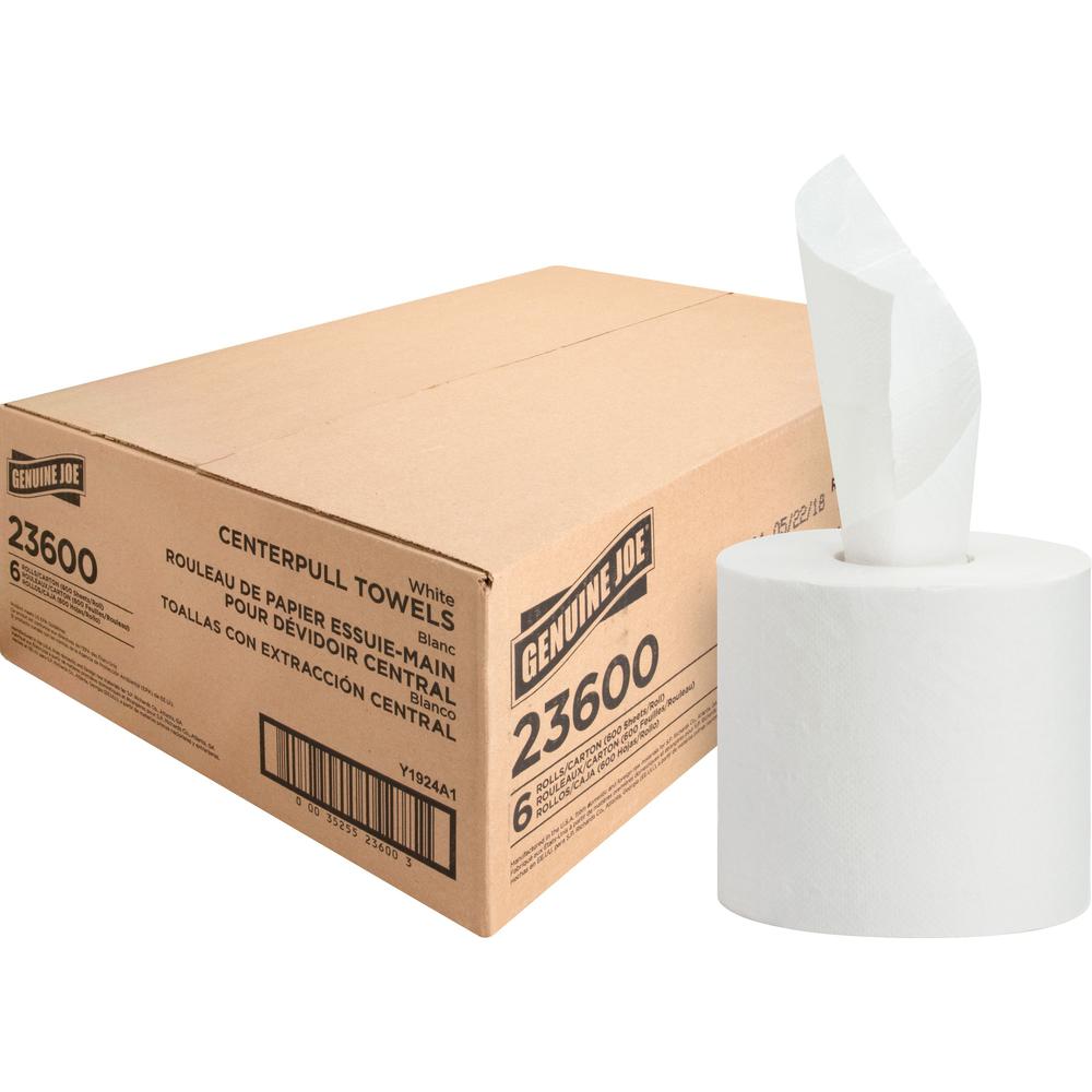Genuine Joe Centerpull Paper Towels - 2 Ply - 600 Sheets/Roll - 3.02" Core - White - Fiber - 6 / Carton. Picture 1