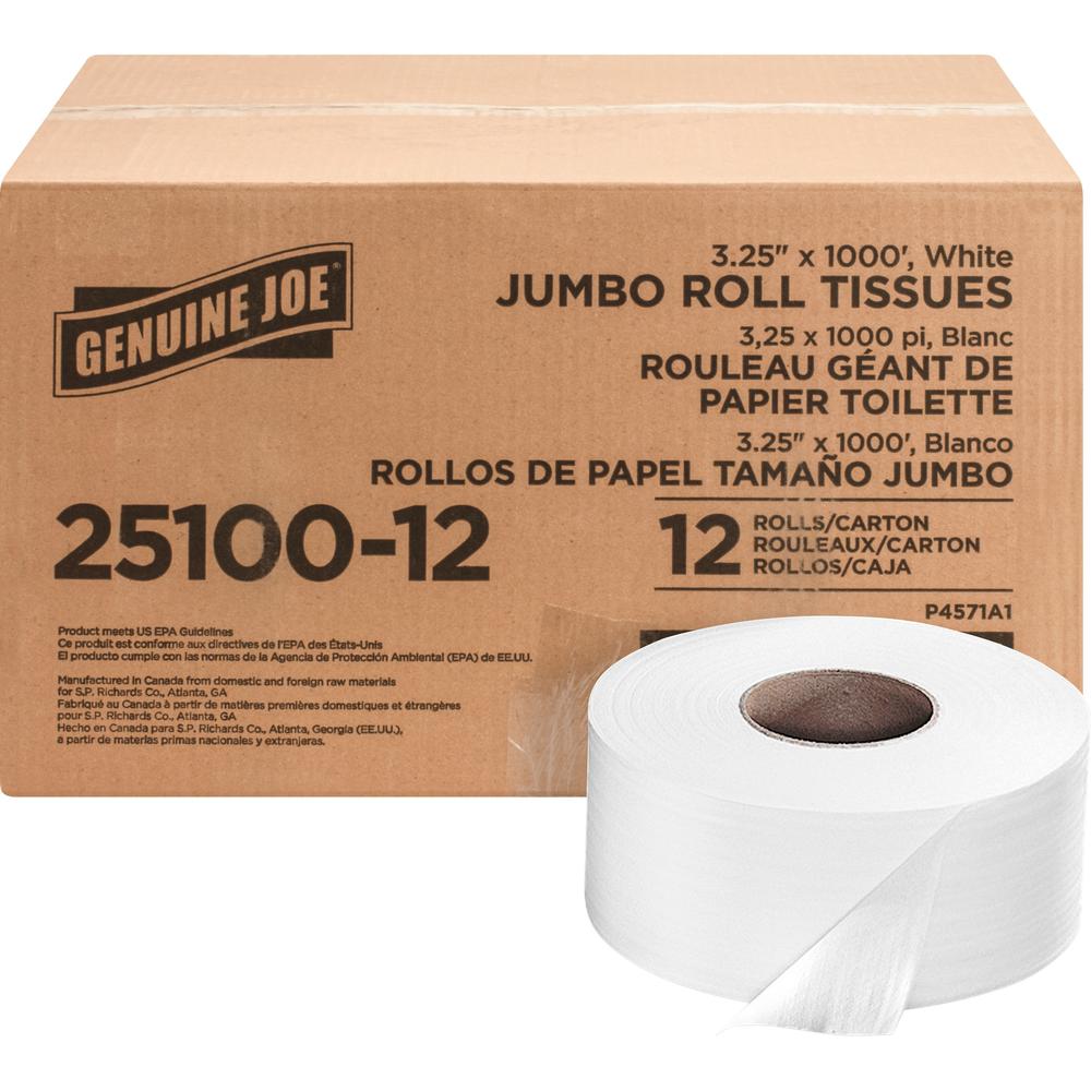 Genuine Joe 2-ply Jumbo Roll Dispnsr Bath Tissue - 2 Ply - 3.25" x 1000 ft - 9" Roll Diameter - White - Nonperforated, Unscented - 12 / Carton. The main picture.