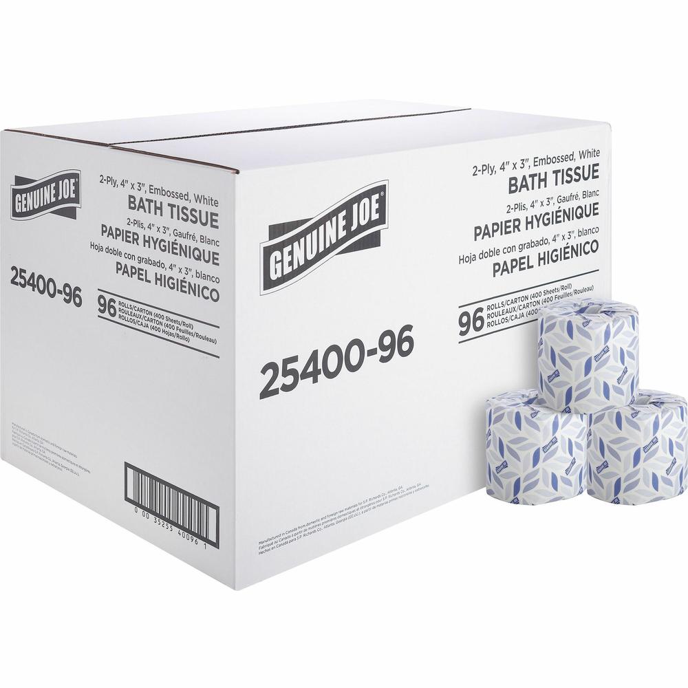 Genuine Joe 2-ply Standard Bath Tissue Rolls - 2 Ply - 3" x 4" - 400 Sheets/Roll - 1.63" Core - White - 96 / Carton. Picture 1