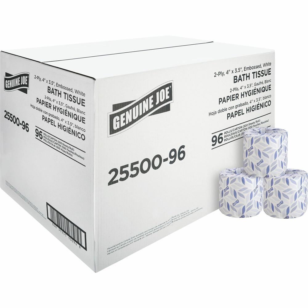 Genuine Joe 2-ply Standard Bath Tissue Rolls - 2 Ply - 4" x 3.20" - 500 Sheets/Roll - White - Perforated, Absorbent, Soft - 96 / Carton. The main picture.
