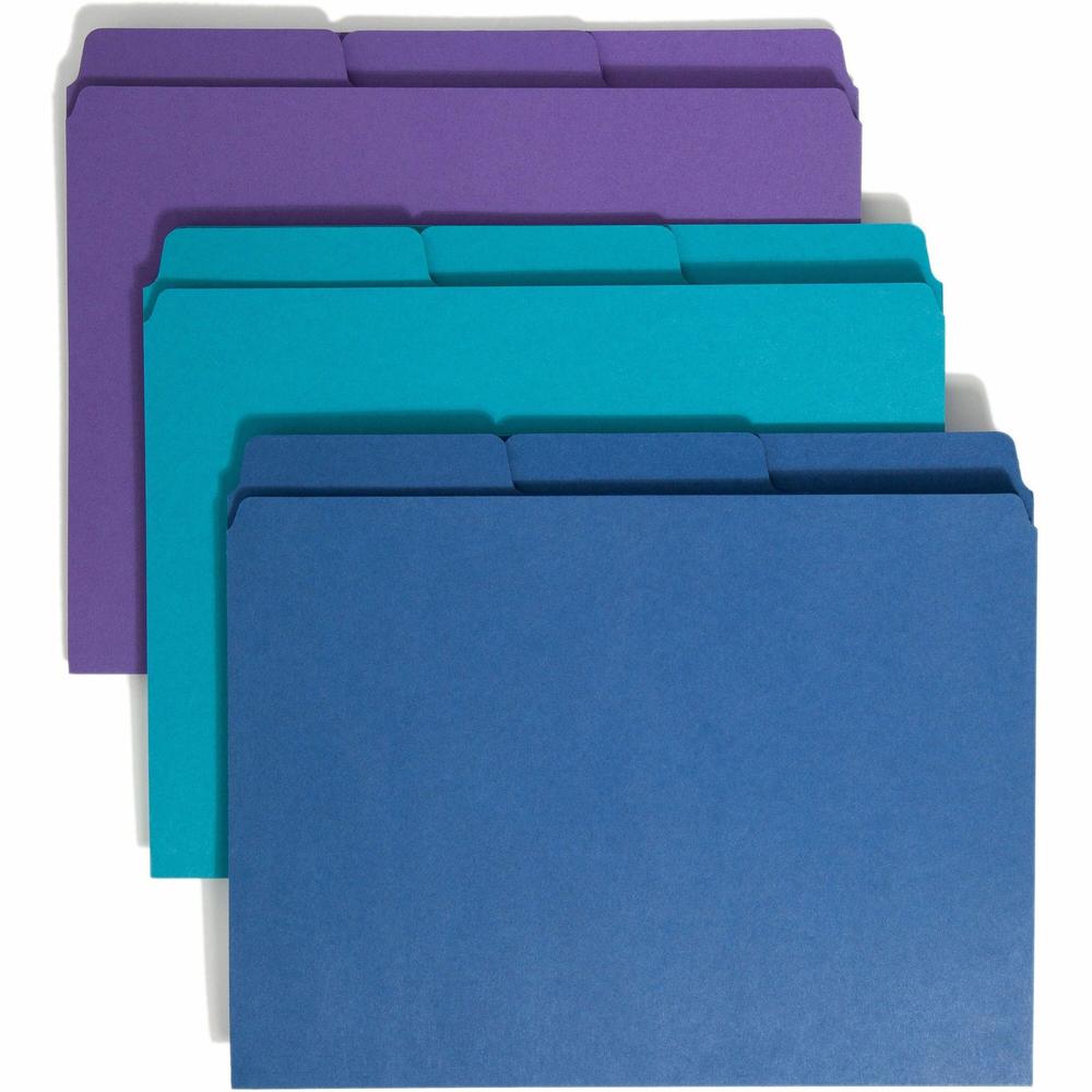 Smead SuperTab 1/3 Tab Cut Letter Recycled Top Tab File Folder - 8 1/2" x 11" - 3/4" Expansion - Top Tab Location - Assorted Position Tab Position - 2 Divider(s) - Teal, Purple, Navy - 10% Recycled - . Picture 1