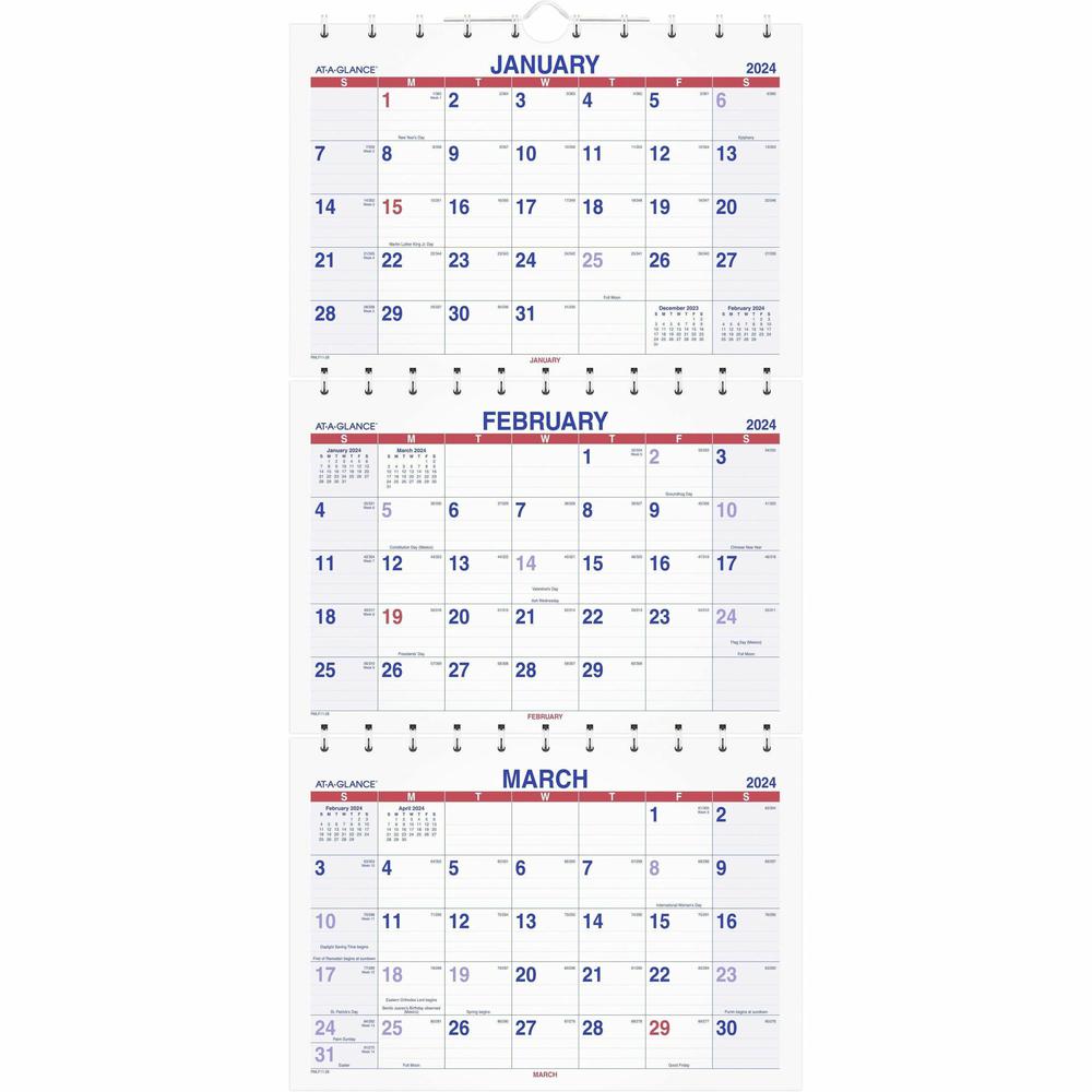 At-A-Glance Move-A-Page 3-Month Wall Calendar - Large Size - Julian Dates - Monthly - 14 Month - December 2023 - February 2025 - 12" x 27" White Sheet - 1.19" x 1.63" Block - Wire Bound - White - Chip. Picture 1
