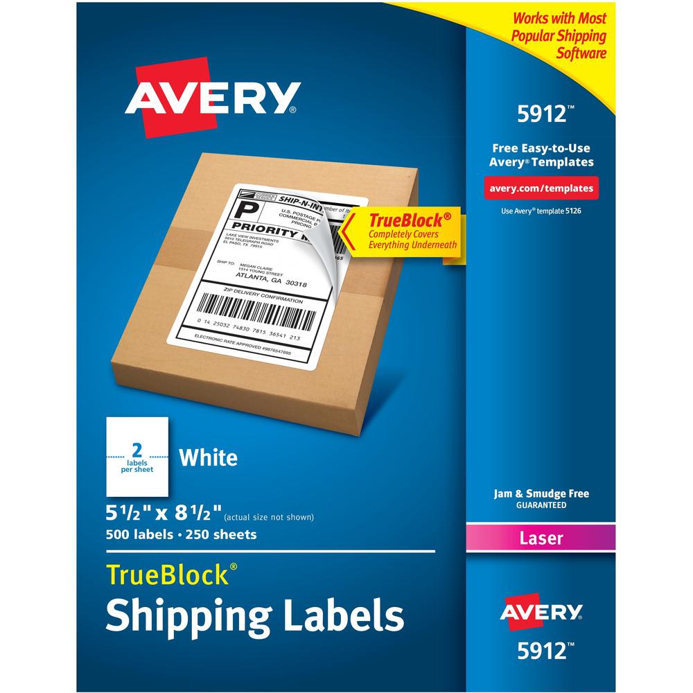 Avery&reg; TrueBlock Shipping Label - 5 1/2" Width x 8 1/2" Length - Permanent Adhesive - Rectangle - Laser - White - Paper - 2 / Sheet - 250 Total Sheets - 500 Total Label(s) - 500 / Pack. Picture 1