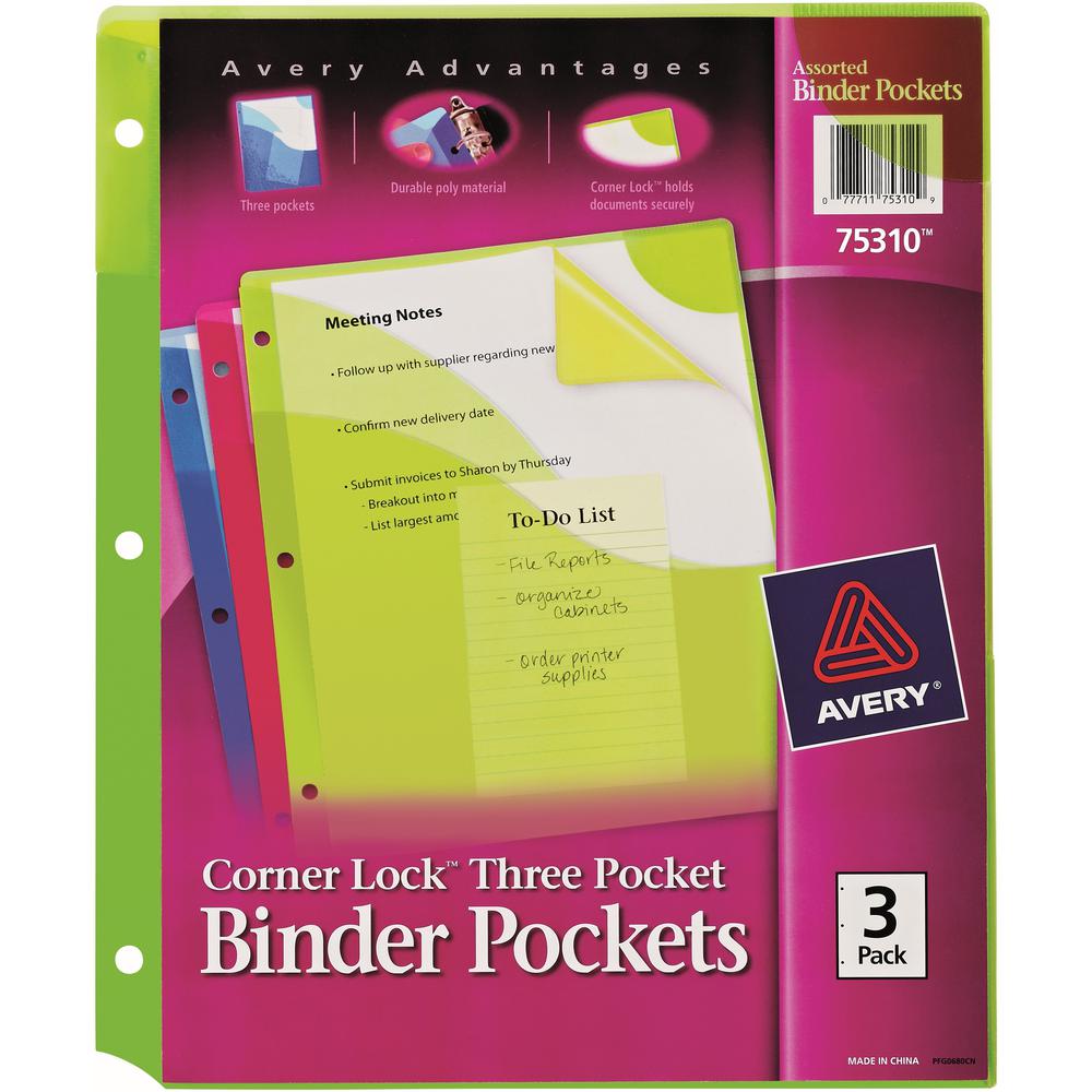 Avery&reg; Corner Lock Binder Pockets - 20 x Page Capacity - For Letter 8 1/2" x 11" Sheet - 3 x Holes - Ring Binder - Rectangular - Blue, Green, Pink - Polypropylene - 3 / Pack. Picture 1