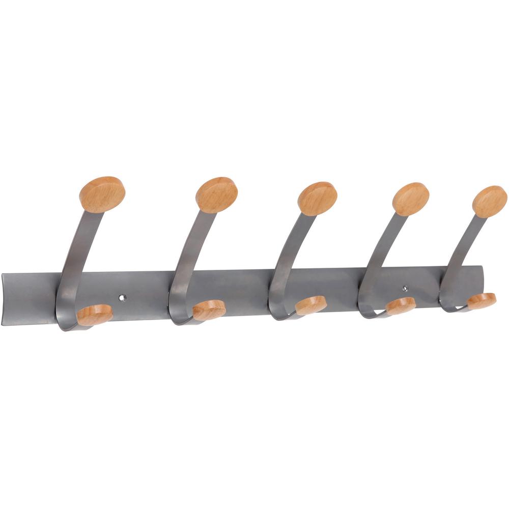 Alba Double Wooden Wall Coat Hook - 5 Hooks - 5 Pegs - 220.46 lb (100 kg) Capacity - for Coat, Clothes - Metal - 1 Each. Picture 1