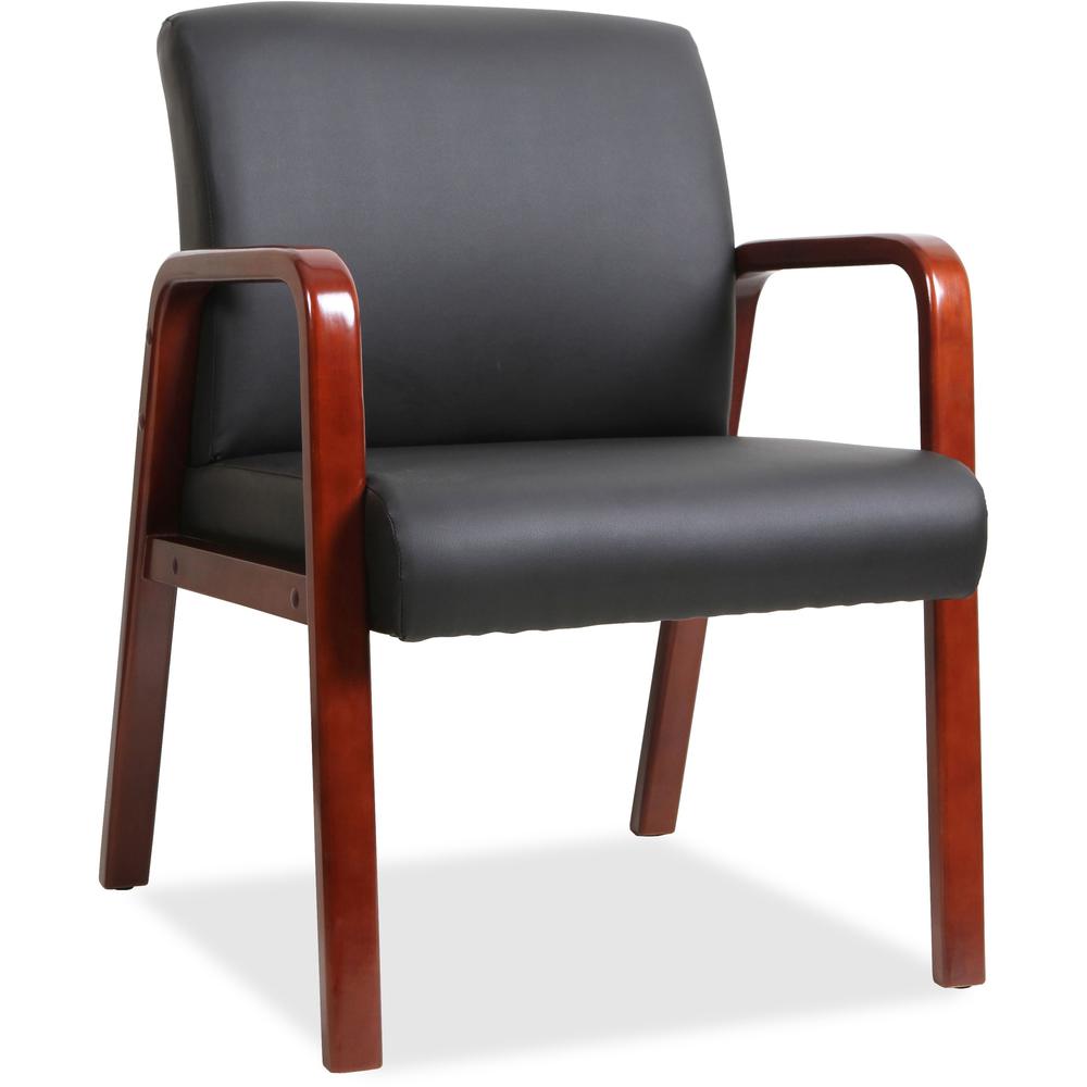 Lorell Black Leather Wood Frame Guest Chair - Black Bonded Leather Seat - Black Bonded Leather Back - Mahogany Solid Wood Frame - Four-legged Base - 1 Each. The main picture.