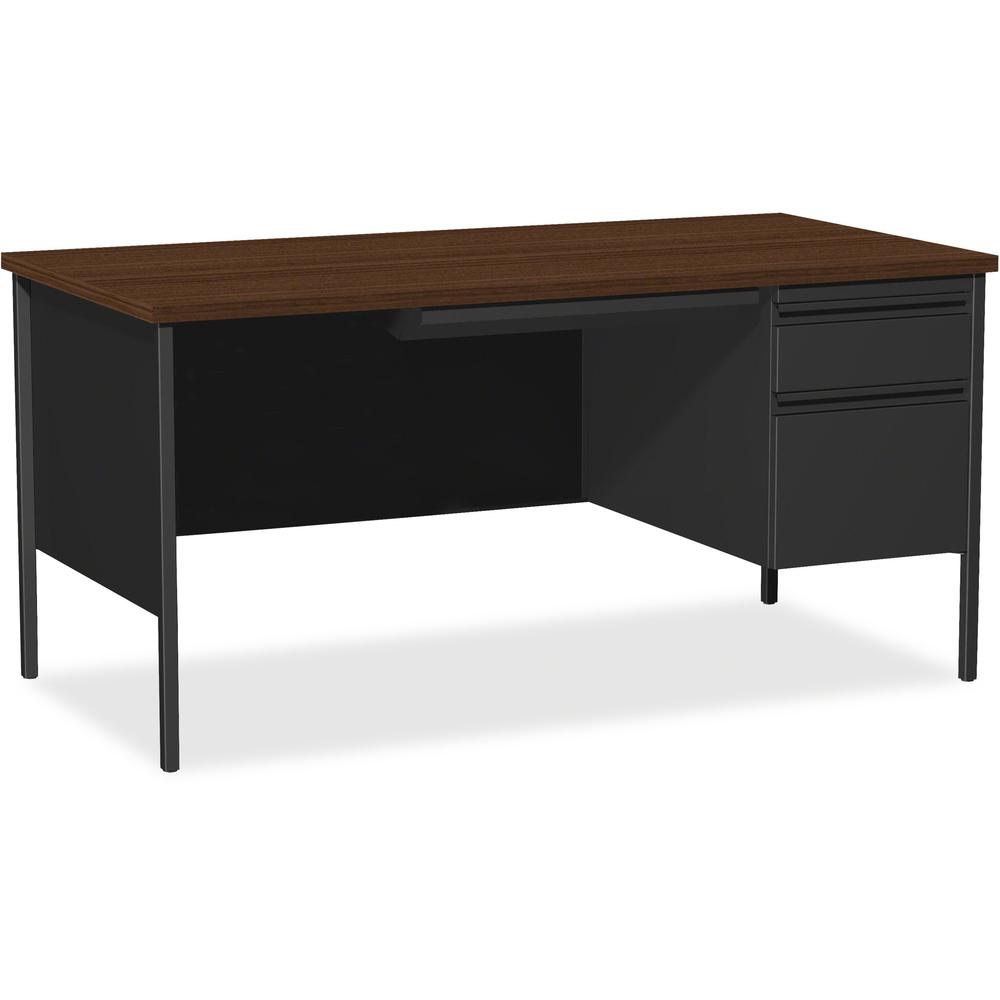 Lorell Fortress Series 66" Right-Pedestal Desk - Laminated Rectangle, Walnut Top - 30" Table Top Length x 66" Table Top Width x 1.13" Table Top Thickness - 29.50" Height - Assembly Required - Black Wa. Picture 1