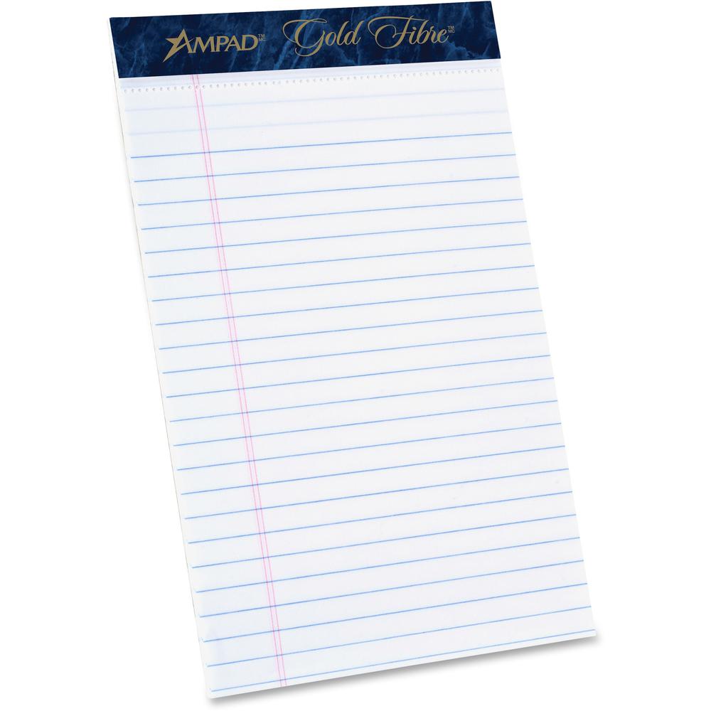 TOPS Ampad Gold Fibre Medium Rule Premium Junior Size Writing Pads - 50 Sheets - Watermark - Stapled/Glued - 16 lb Basis Weight - 5" x 8" - White Paper - Dark Blue Binder - Micro Perforated, Bleed-fre. Picture 1