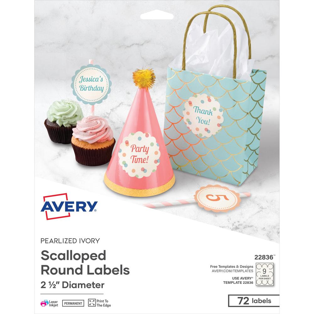 Avery&reg; Gift Label - - Width2 1/2" Diameter - Permanent Adhesive - Round Scallop - Laser, Inkjet - Ivory - Paper - 9 / Sheet - 8 Total Sheets - 72 Total Label(s) - 72 / Pack. Picture 1