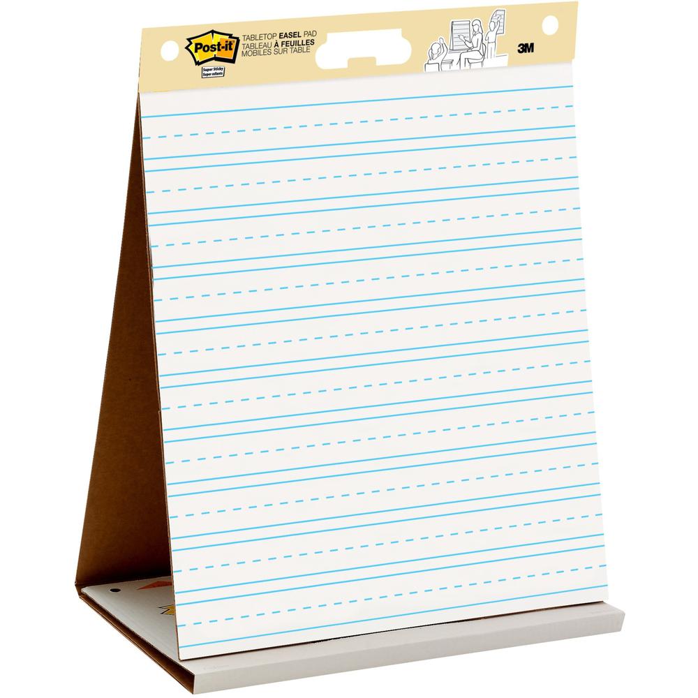Post-it&reg; Tabletop Easel Pad with Primary Lines - 20 Sheets - Stapled - Primary Blue Margin - 18.50 lb Basis Weight - 20" x 23" - White Paper - Self-stick, Built-in Stand, Foldable, Bleed Resistant. Picture 1