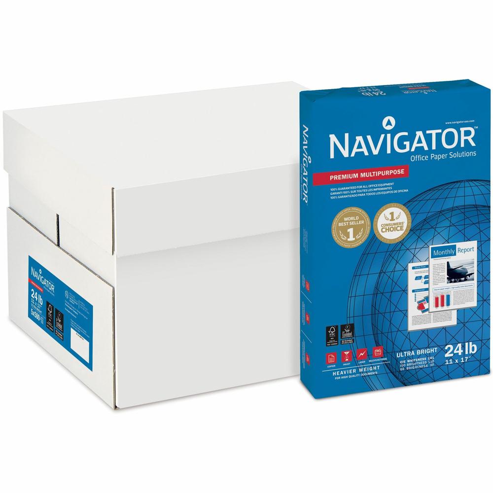 Navigator Platinum Superior Productivity Multipurpose Paper - Silky Touch - Bright White - 97 Brightness - 96% Opacity - Tabloid - 11" x 17" - 24 lb Basis Weight - Smooth - 2500 / Carton - Jam-free - . Picture 1