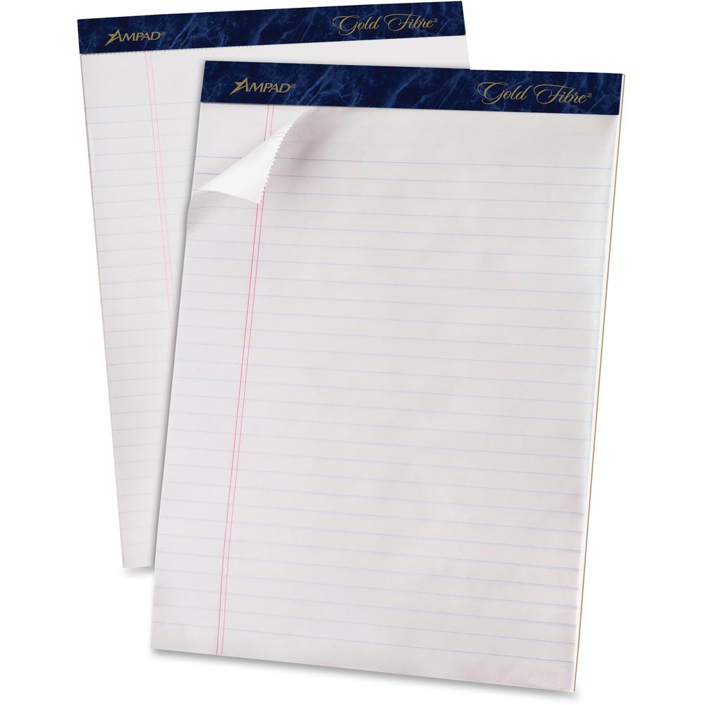 TOPS Gold Fibre Ruled Perforated Writing Pads - Letter - 50 Sheets - Watermark - Stapled/Glued - Front Ruling Surface - 0.34" Ruled - Ruled - 20 lb Basis Weight - 8 1/2" x 11 3/4" - White Paper - Dark. Picture 1