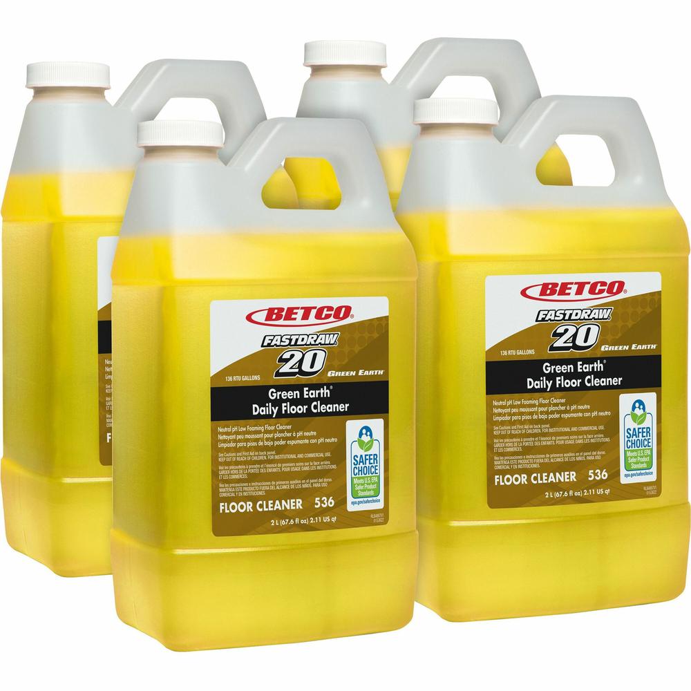 Betco Green Earth Daily Floor Cleaner - FASTDRAW 20 - For Floor - Concentrate - 67.6 fl oz (2.1 quart)Bottle - 4 / Carton - Deodorize, Fragrance-free - Yellow. Picture 1