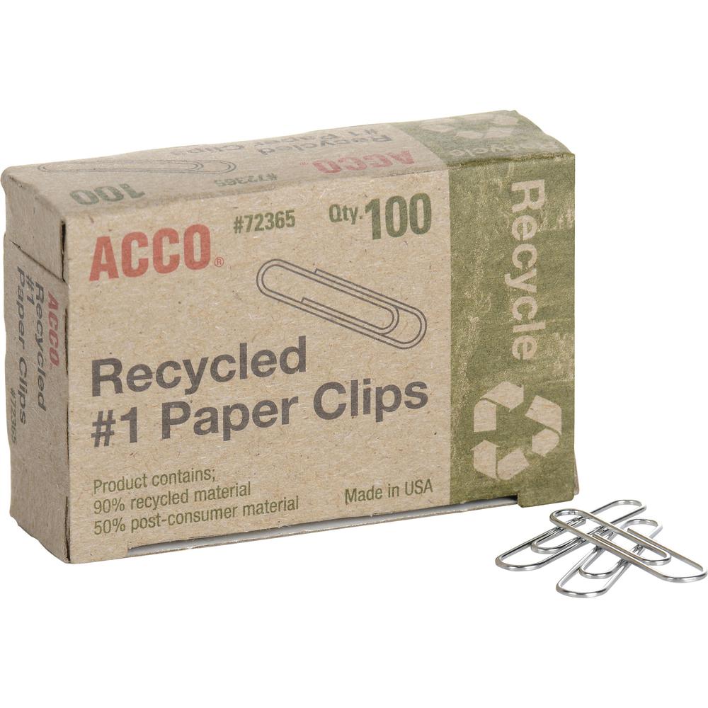 ACCO Recycled Paper Clips - No. 1 - 1.3" Length - 10 Sheet Capacity - Durable, Reusable - 1000 / Pack - Silver - Metal. Picture 1