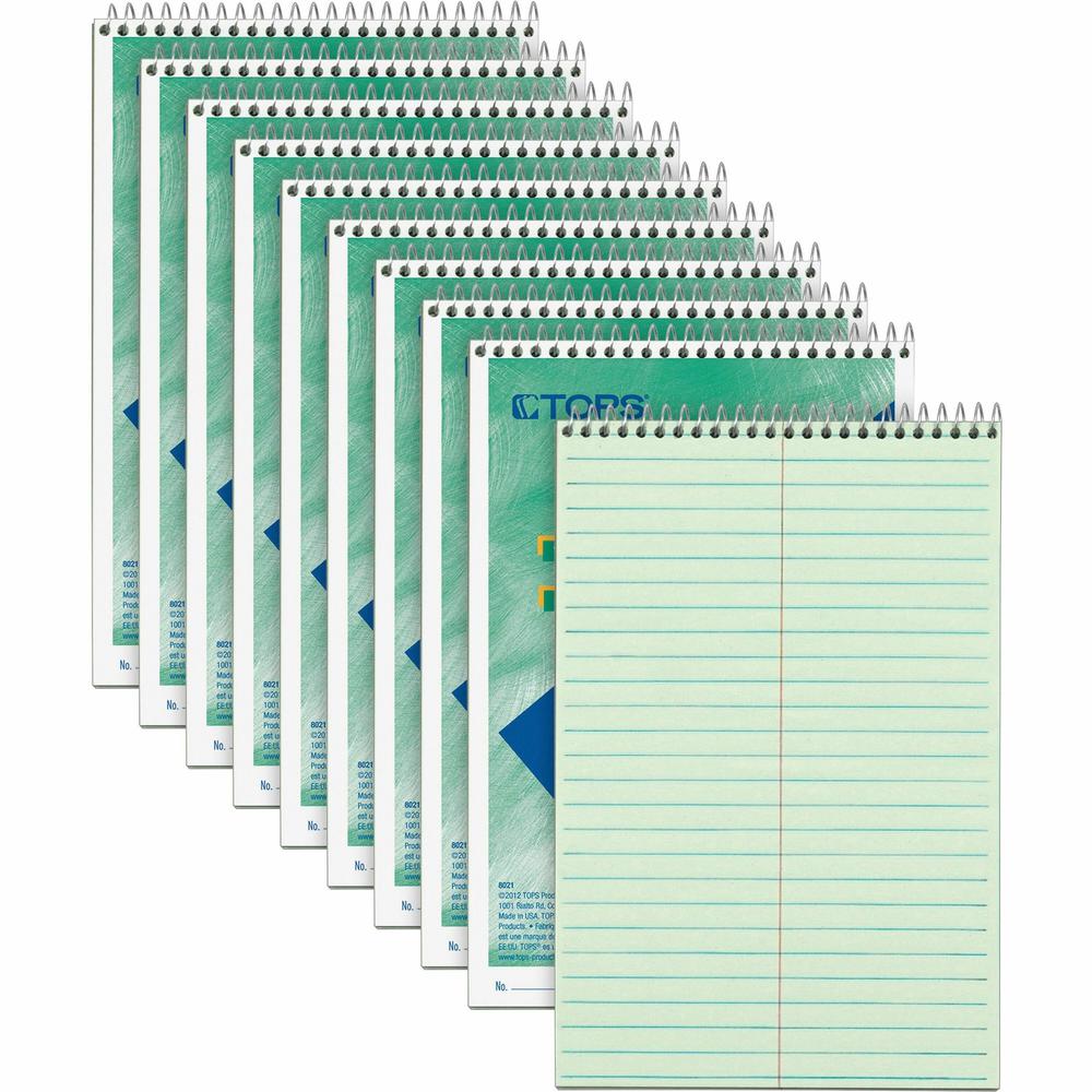 TOPS Steno Books - 80 Sheets - Wire Bound - Gregg Ruled Margin - 6" x 9" - Green Tint Paper - Snag Resistant, Acid-free, Heavyweight - 1 Dozen. Picture 1