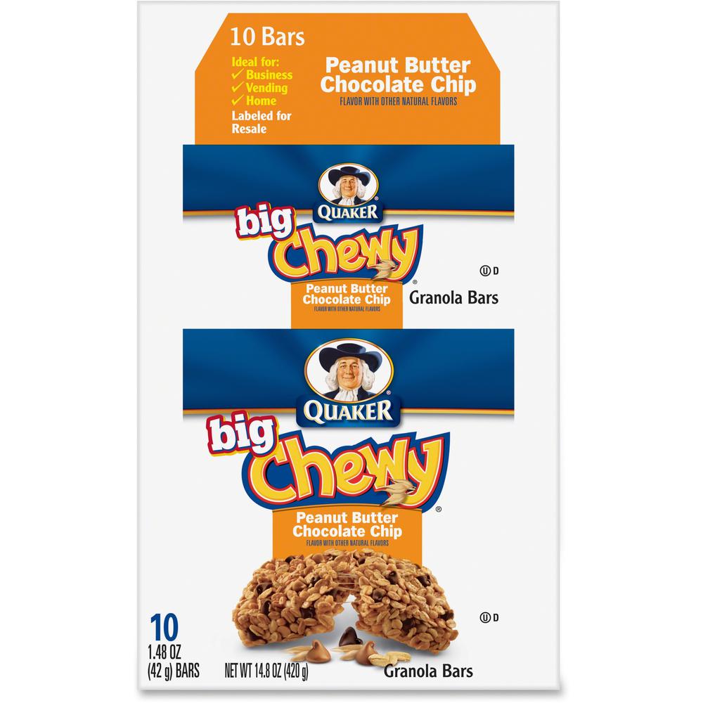 Quaker Oats Peanut Butter Big Chewy Granola Bar - Individually Wrapped - Peanut Butter - Box - 1.48 oz - 10 / Box. Picture 1