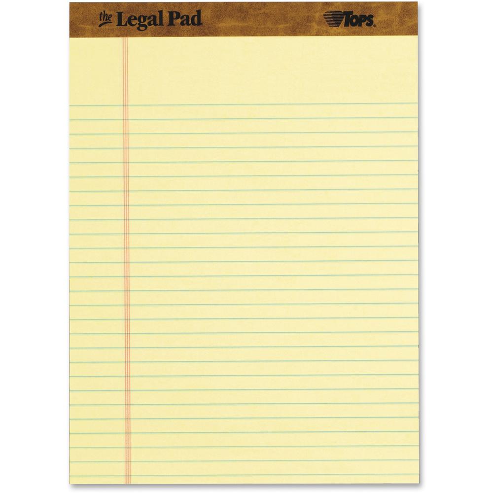 TOPS Legal Ruled Writing Pads - 50 Sheets - Stitched - Legal Ruled - 0.34" Ruled - Ruled Margin - 16 lb Basis Weight - 8 1/2" x 11 3/4" - 0.60" x 11.8" x 8.5" - Canary Paper - Perforated, Chipboard Ba. Picture 1