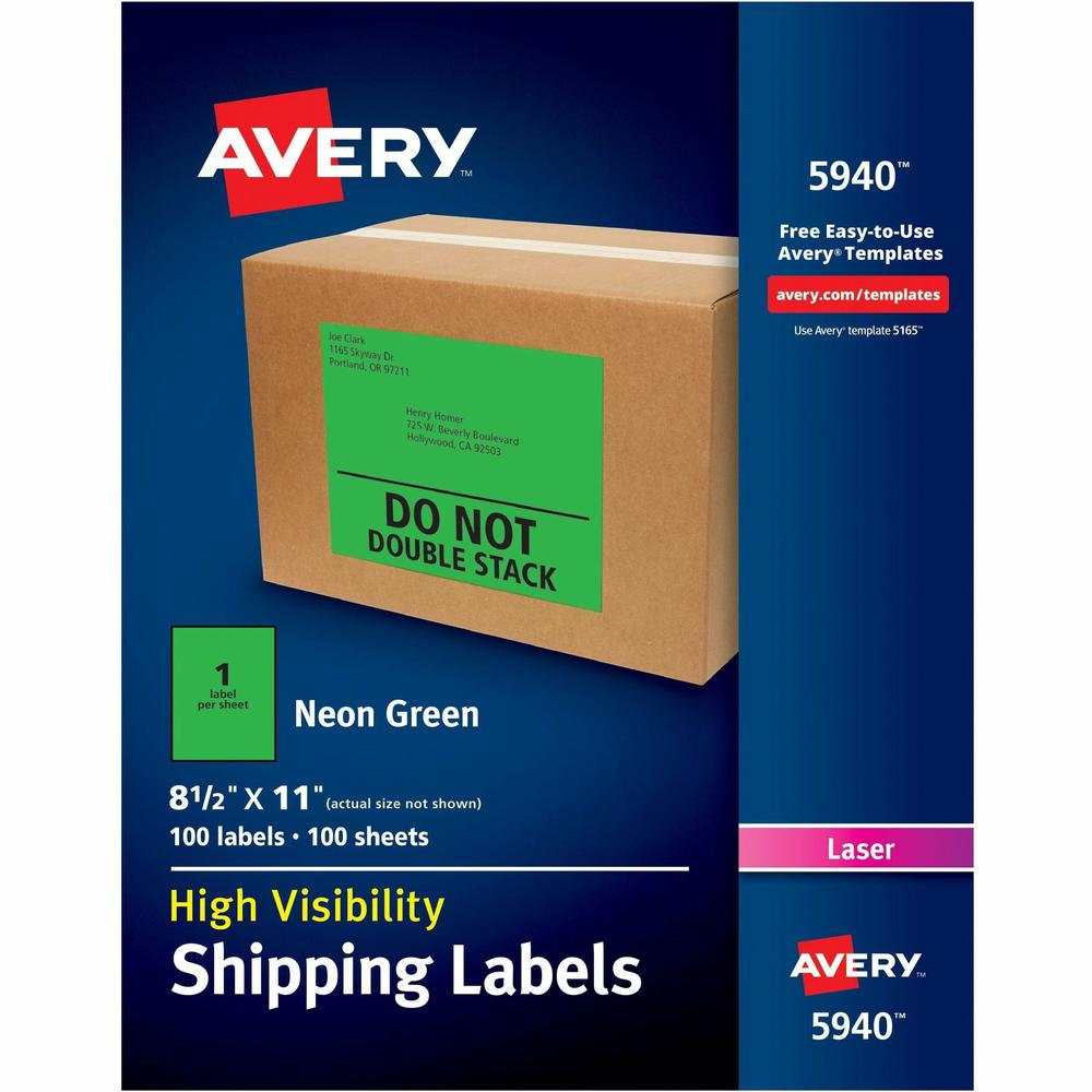 Avery&reg; Neon Shipping Labels, 8-1/2" x 11" , 100 Labels (5940) - 8 1/2" Width x 11" Length - Permanent Adhesive - Rectangle - Laser - Neon Green - Paper - 1 / Sheet - 100 Total Sheets - 100 Total L. Picture 1