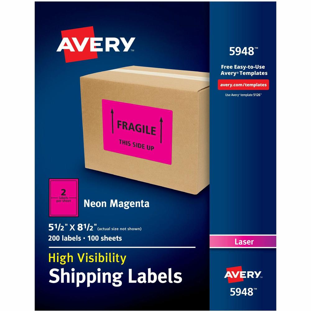 Avery&reg; Neon Shipping Labels, 5-1/2" x 8-1/2" , 200 Labels (5948) - 5 1/2" Width x 8 1/2" Length - Permanent Adhesive - Rectangle - Laser - Neon Magenta - Paper - 2 / Sheet - 100 Total Sheets - 200. Picture 1