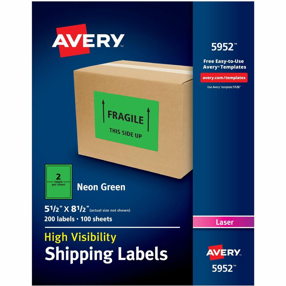 Avery&reg; Neon Shipping Labels, 5-1/2" x 8-1/2" , 200 Labels (5952) - 5 1/2" Width x 8 1/2" Length - Permanent Adhesive - Rectangle - Laser - Neon Green - Paper - 2 / Sheet - 100 Total Sheets - 200 T. Picture 1