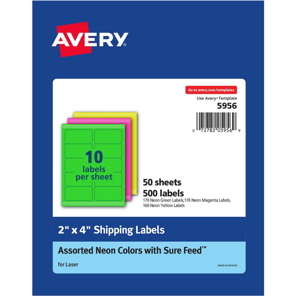 Avery&reg; 2"x 4" Neon Shipping Labels with Sure Feed, 500 Labels (5956) - 2" Width x 4" Length - Permanent Adhesive - Rectangle - Laser - Neon Magenta, Neon Green, Neon Yellow - Paper - 10 / Sheet - . Picture 1
