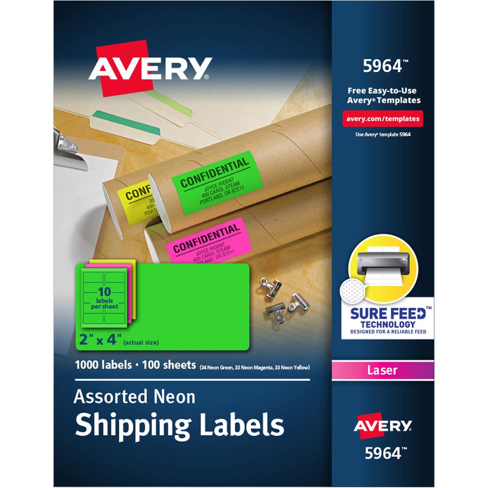 Avery&reg; 2"x 4" Neon Shipping Labels with Sure Feed, 1,000 Labels (5964) - 2" Width x 4" Length - Permanent Adhesive - Rectangle - Laser - Neon Magenta, Neon Green, Neon Yellow - Paper - 10 / Sheet . Picture 1