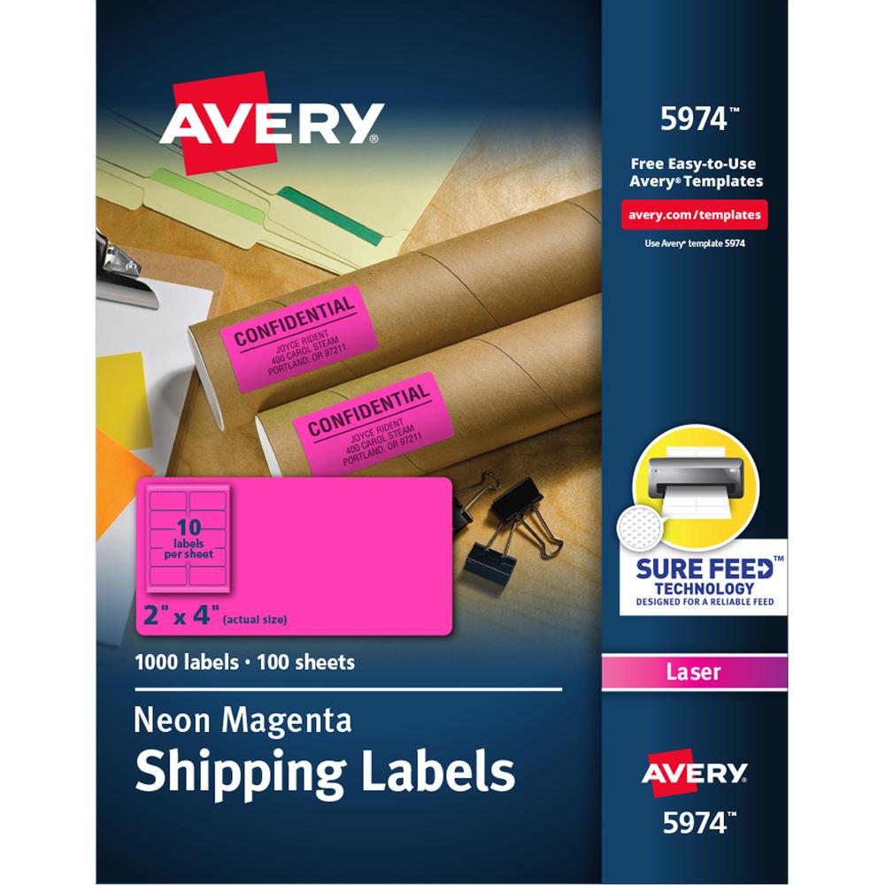 Avery&reg; 2" x 4" Neon Shipping Labels with Sure Feed, 1,000 Labels (5974) - 2" Width x 4" Length - Permanent Adhesive - Rectangle - Laser - Neon Magenta - Paper - 10 / Sheet - 100 Total Sheets - 100. Picture 1