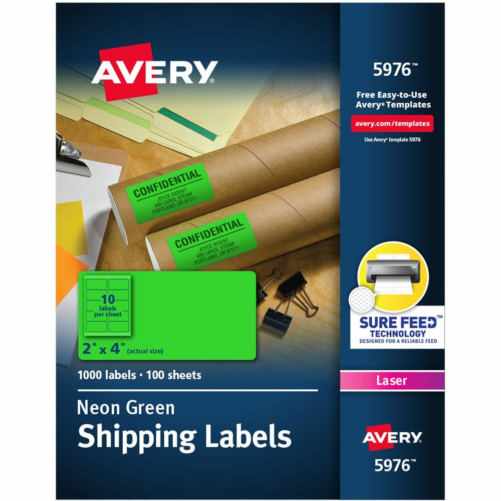 Avery&reg; 2"x 4" Neon Shipping Labels with Sure Feed, 1,000 Labels (5976) - 2" Width x 4" Length - Permanent Adhesive - Rectangle - Laser - Neon Green - Paper - 10 / Sheet - 100 Total Sheets - 1000 T. Picture 1