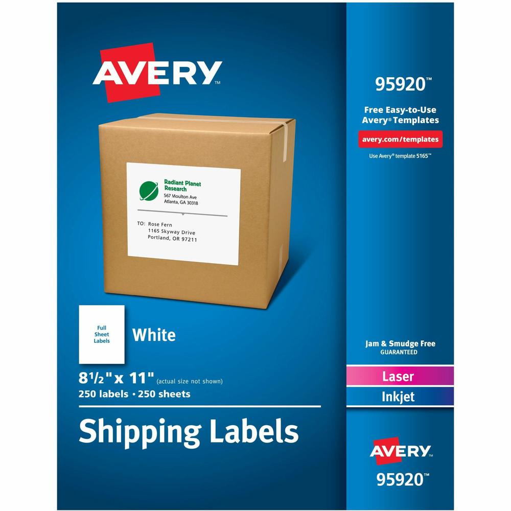 Avery&reg; Shipping Address Labels, 250 Labels, Full Sheet Labels, Permanent (95920) - 8 1/2" Width x 11" Length - Permanent Adhesive - Rectangle - Laser, Inkjet - White - Paper - 1 / Sheet - 250 Tota. Picture 1