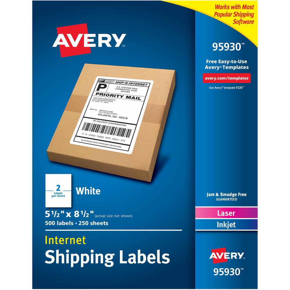 Avery&reg; Shipping Address Labels, Laser & Inkjet Printers, 500 Labels, Half Sheet Labels, Permanent Adhesive (95930) - 5 1/2" Width x 8 1/2" Length - Permanent Adhesive - Rectangle - Laser, Inkjet -. Picture 1