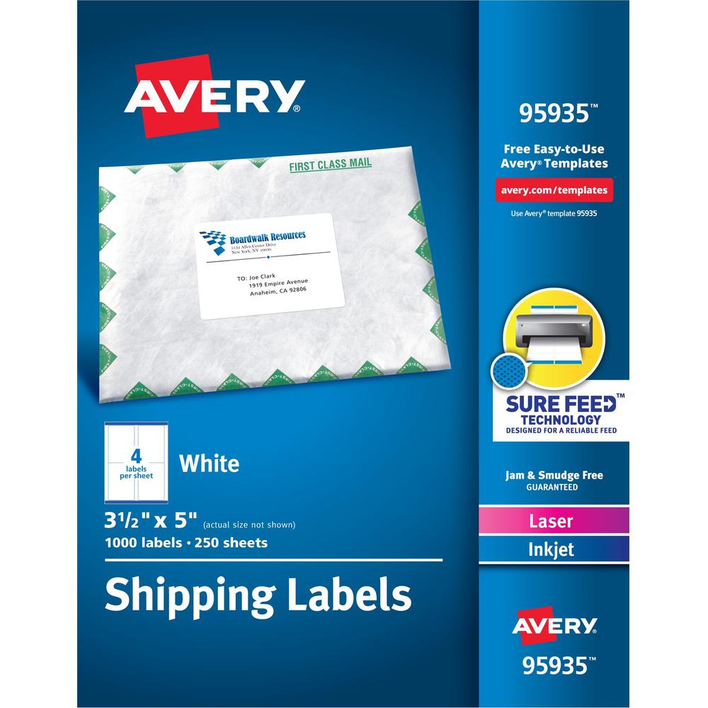 Avery&reg; Shipping Labels, Sure Feed, 3-1/2" x 5" , 1,000 Labels (95935) - 3 1/2" Width x 5" Length - Permanent Adhesive - Rectangle - Laser, Inkjet - White - Paper - 4 / Sheet - 250 Total Sheets - 1. Picture 1