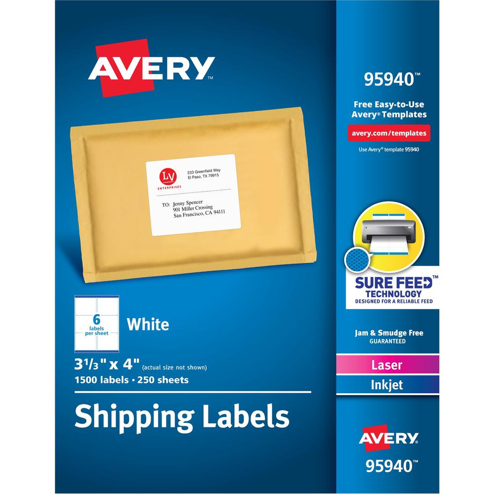 Avery&reg; Shipping Labels, Sure Feed, 3-1/3" x 4" , 1,500 Labels (95940) - 3 21/64" Width x 4" Length - Permanent Adhesive - Rectangle - Laser, Inkjet - Bright White - Paper - 6 / Sheet - 250 Total S. Picture 1