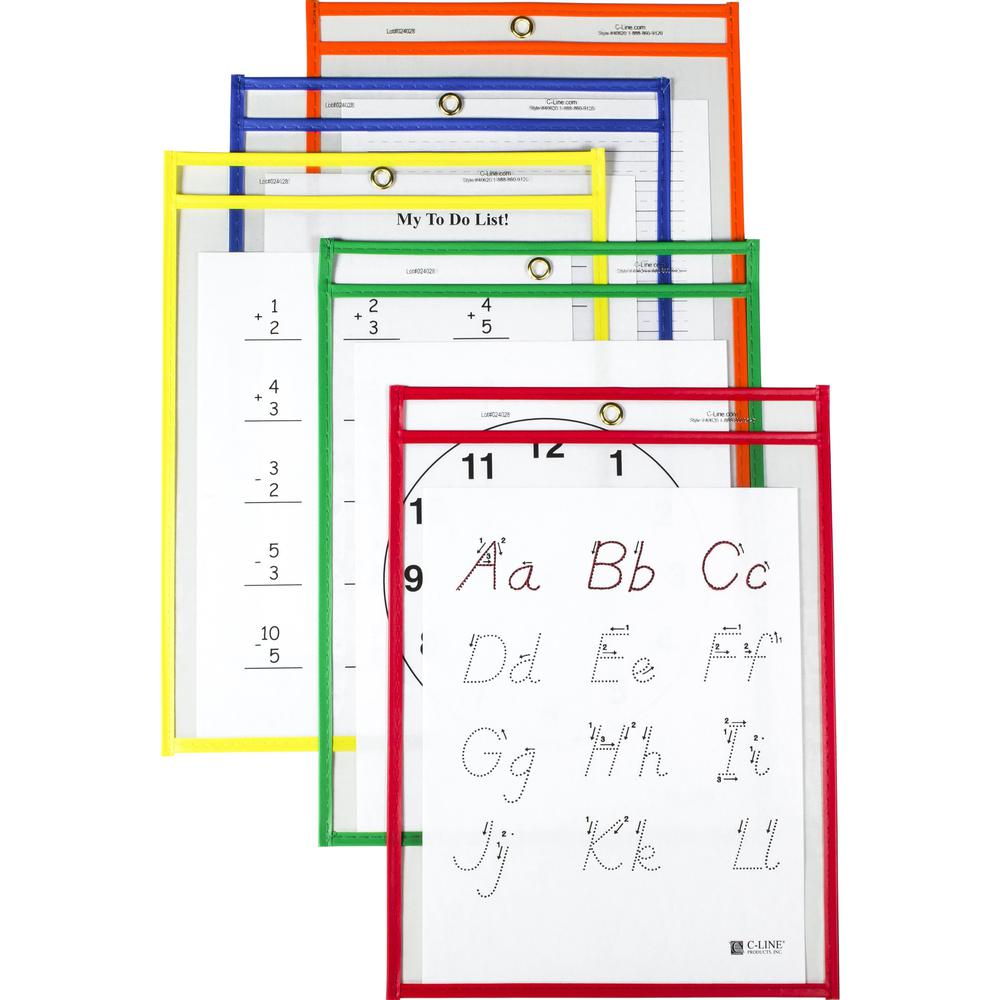 C-Line Reusable Dry Erase Pockets - Study Aid - Assorted Primary Colors, 9 x 12, 25/BX, 40620. Picture 1